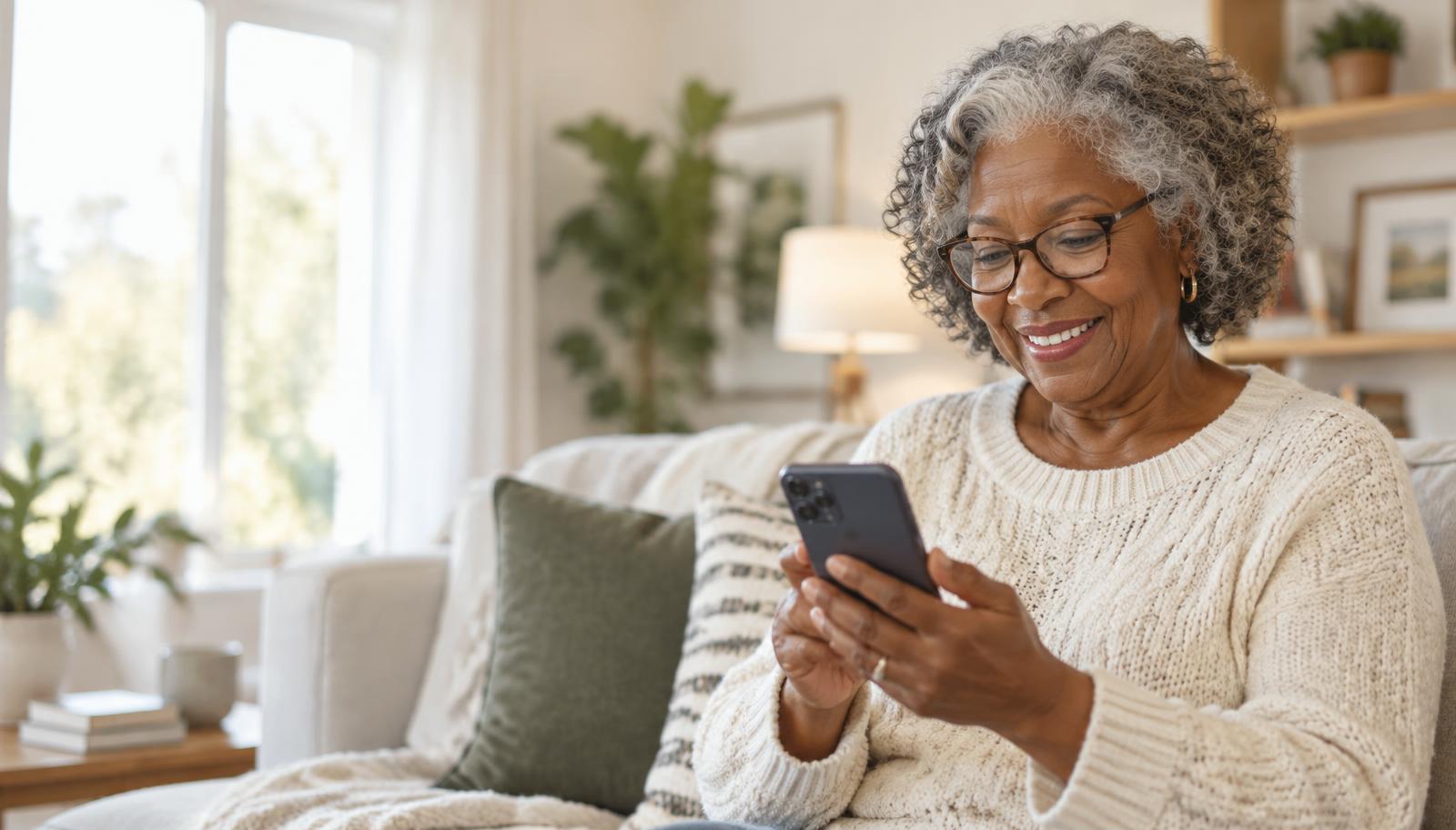 Smiling older woman checking a message on her phone